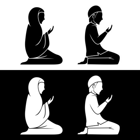 Muslim man and woman praying. Vector flat silhouette illustration isolated on white. Editable and scalable EPS file. for icons, signs etc. Monochrome Muslim people worship.のイラスト素材
