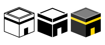 Kaaba in Masjid Al Haram, Mecca Mosque Vector. Islamic Religious Building in Saudi Arabia. Black Stone Structure for Prayers, Flat Design Glyph Icon, Ideal for Ramadan Templatesのイラスト素材