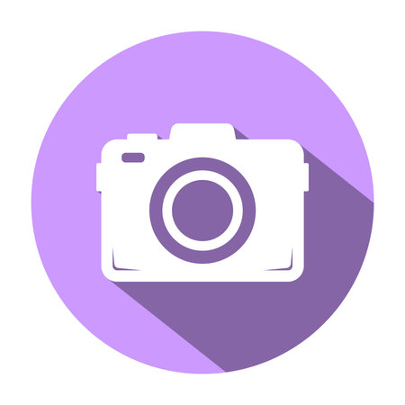 Simple White Camera Icon in Purple Circle with Shadow. Flat Cartoon Style Vector Illustration Isolated on White Background, Editable and Scalable EPS Fileのイラスト素材