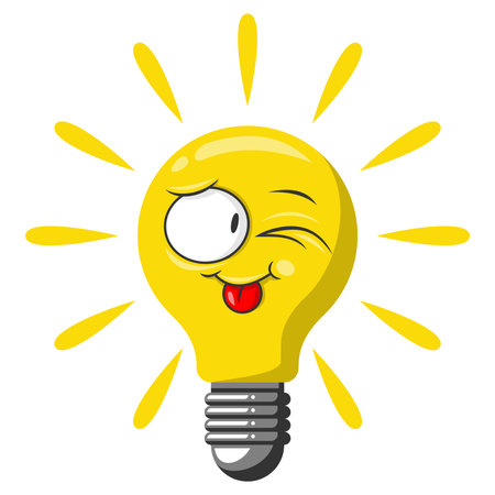 Cheerful Yellow Light Bulb Icon High Resolution in Flat Cartoon Style Isolated on White Background. Editable and Scalable Vector Illustration EPS File for Graphic Design or Printのイラスト素材