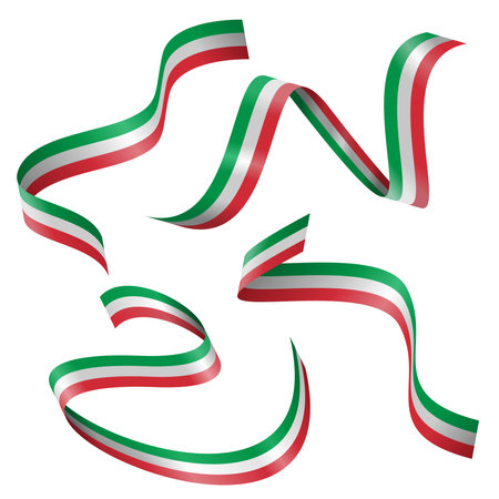 High-Resolution Italian Flag Ribbon in 3D Glossy Style, Curved Horizontally, Isolated on White. Editable Vector Illustration, Ideal for Graphic Design and Print, EPS Formatのイラスト素材
