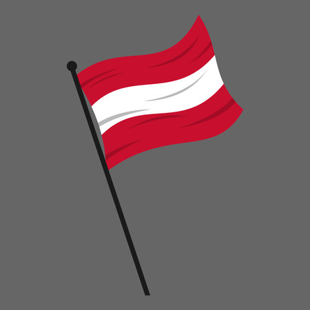 Austria Flag Waving on a Pole, Isolated on Gray Background. Flat Cartoon Style Editable Vector Illustration, Perfect for Icons, Symbols, Backgrounds, and Printable Design Elementsのイラスト素材