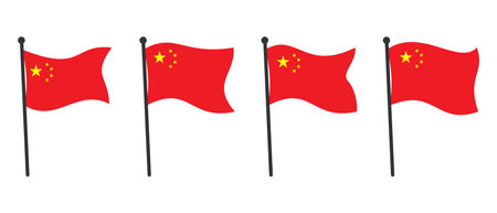 Collection of Chinese Flags Fluttering on Poles Isolated on White Background, Flat Vector Icon or Symbol in Editable and Scalable EPS Format for Graphic Design and Print.のイラスト素材