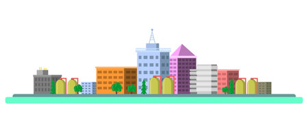 Modern City Skyline Illustration with Tall Buildings. Flat Design Style, Isolated on White Background, Editable Scalable Vector EPS for Graphic Design or Print Needsのイラスト素材