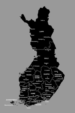 Map of the Republic of Finland with detailed regional boundaries and regional descriptions, in black isolated on a gray background. Editable and scalable EPS formatのイラスト素材