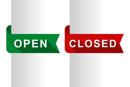 Vibrant Flat Vector Open and Closed Signs in Green and Red, Isolated on White Background â Editable and Scalable EPS for Business Tags, Labels, and Iconsのイラスト素材