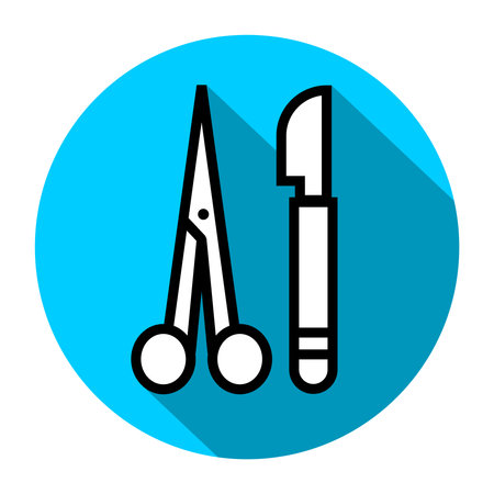 Scalpel and Surgical Scissors Line Art Icon  Vector Illustration of Medical Tools Isolated on White, Ideal for Healthcare Designs, Surgery Icons, Medical Projects, Editable EPSのイラスト素材