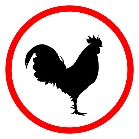 Red Circular Warning Sticker Template with Rooster Icon, Simple Red and Black Design, Vector Graphic Illustration Isolated on White Background, Editable EPS File for Signageのイラスト素材