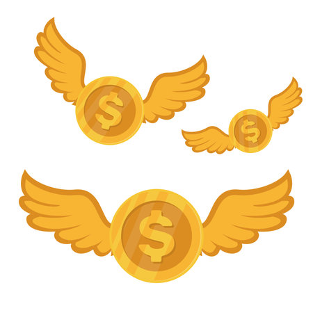 Golden Dollar Coin with Wings Flying â Vector Illustration Isolated on White Background. Ideal for Financial Icons, Logos, Symbols, Templates, Mockups, Banners, Posters, Signs,のイラスト素材