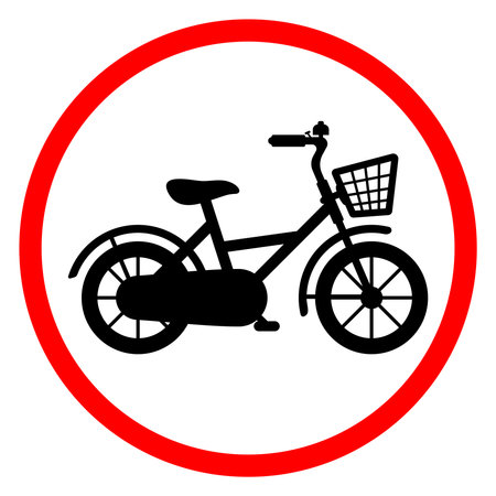 Bicycle silhouette inside a red circle, isolated on white background. Vector illustration for road signs, traffic symbols, stickers, and templates. Editable EPS file.のイラスト素材