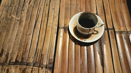 A cup of delicious hot black Indonesian coffee with lots of dregs. Served in a unique, classic and old-fashioned cup on a small plate. Hot coffee on a bamboo table.の写真素材