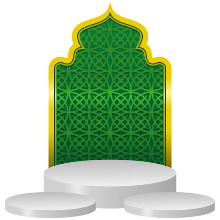 Islamic Green and Gold Background with 3D Podium Stage, Arabic Geometric Pattern, Luxury Islamic Banner Template for Ramadan, Eid al-Fitr, Eid al-Adha, and Islamic Product Displayのイラスト素材