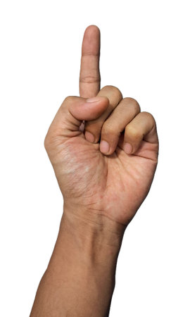 Human hand showing one finger pointing up gesture isolated on white background high quality photoの写真素材