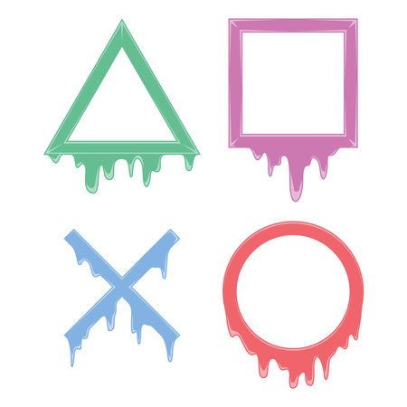 Colorful Dripping Geometric Shapes Vector Illustration, Set of Triangle Square Cross and Circle Icons with Melting Paint Effect Isolated on White Background for Modern Design Decorのイラスト素材