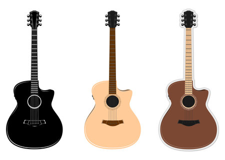 Acoustic Guitar Vector Set, Black Silhouette, Flat Cartoon, and Sticker Outline Version, Music Instrument Illustration Isolated on White Background, Editable Scalable EPS Fileのイラスト素材