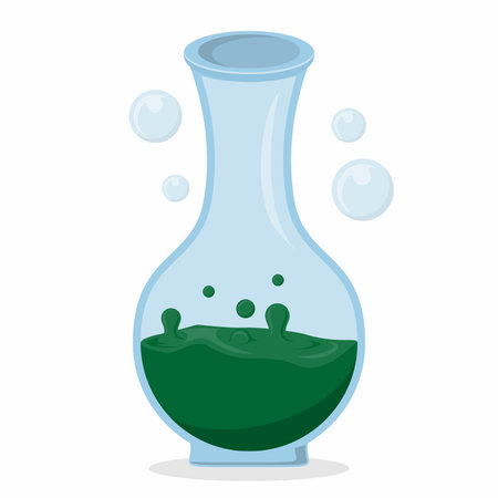 Magic Potion Bottle Vector â Green Liquid in Glass Flask with Bubbles, Flat Cartoon Chemistry Icon, Fantasy Poison Elixir for Games, Halloween, Magic, Science, and UI Designのイラスト素材