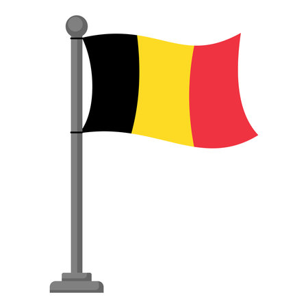 Vector illustration of the Belgian national flag, displayed on a flagpole against a clean white background, symbolizing patriotism and national identity.のイラスト素材