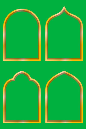 Diverse Golden Islamic Arch Frame Designs Vector Illustration Isolated on Green Background for Ramadan, Eid, and Muslim Celebrationsのイラスト素材