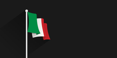 Flat design illustration of the Italian national flag waving on a flagpole against a dark black background, featuring long shadows, perfect for national holidays or cultural themesのイラスト素材