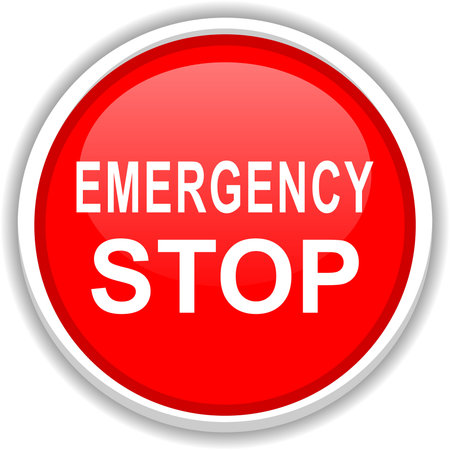 Red Emergency Stop Button Vector Illustration, 3D glossy circular icon. Isolated on white...