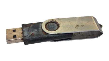 Rusty USB Flash Drive Broken Memory Stick Isolated on White for Data Recovery Services, Damaged...