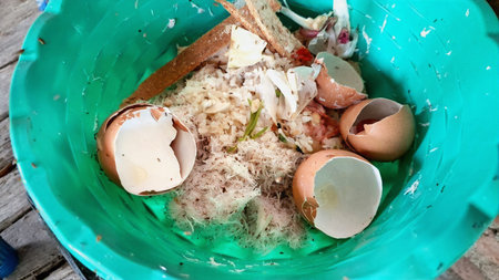 Organic kitchen waste for composting with eggshells bread food scraps in a green plastic bowl top...