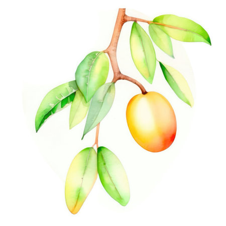 Vibrant Mango on Branch A detailed watercolor depiction of a ripe mango hanging from a lush green branch against a clean white backdrop.の素材