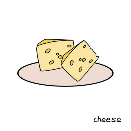 Pieces of yellow cheese on a round plate against a plain backgroundのイラスト素材