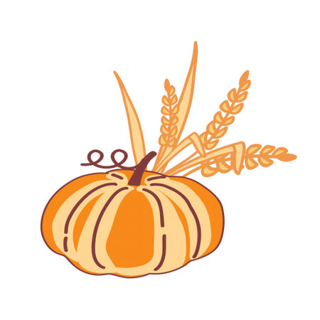 Autumn arrangement with a pumpkin and wheat stalks on a white backgroundのイラスト素材