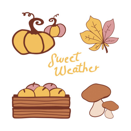 Autumn-themed illustration featuring pumpkins, apples, mushrooms, and leaves on a light backgroundのイラスト素材