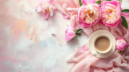 A cozy morning setup with peonies and coffee on a soft fabric backdropの素材