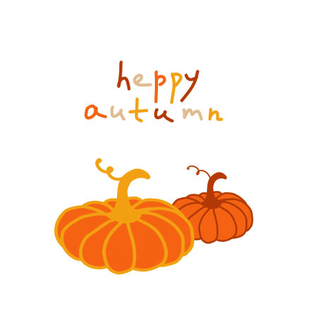 Happy autumn greeting card featuring two pumpkins with cheerful letteringのイラスト素材