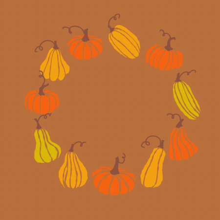 Colorful assortment of pumpkins arranged in a circular pattern against a brown background during autumnのイラスト素材