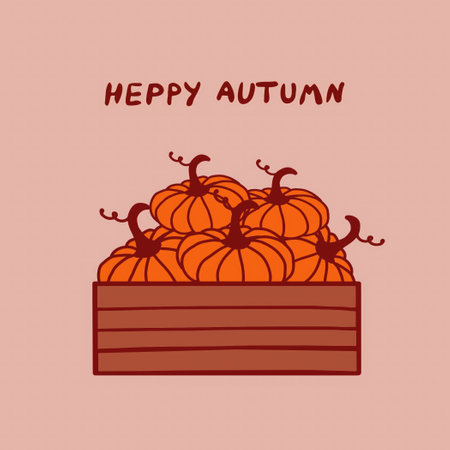 A wooden box filled with vibrant pumpkins and autumn-themed text on a soft backgroundのイラスト素材