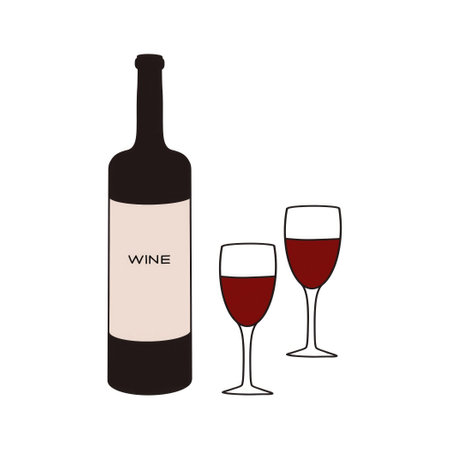 A bottle of red wine with two filled glasses on a simple backgroundのイラスト素材