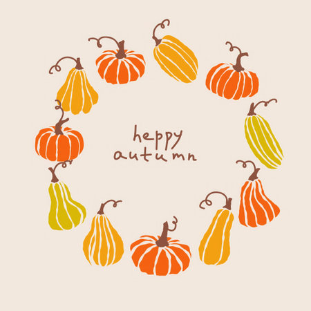 Colorful pumpkins and gourds arranged in a circle with autumn greetings in a cozy fall settingのイラスト素材