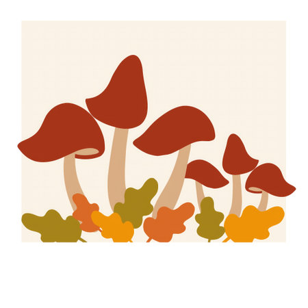Colorful illustration of mushrooms and autumn leaves on a light backgroundのイラスト素材