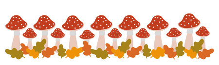 Colorful mushroom illustration with a whimsical design featuring red and white caps amidst autumn leavesのイラスト素材