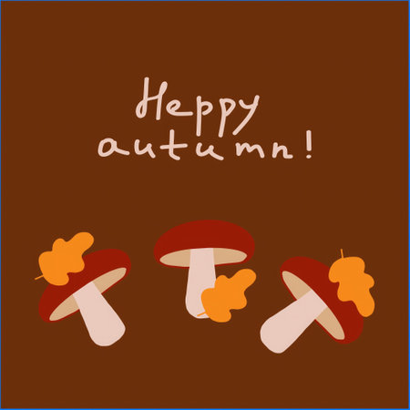 Autumn greeting with colorful mushrooms and leaves set against a warm brown backgroundのイラスト素材