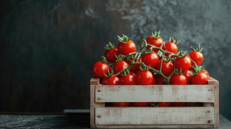 Cluster of ripe cherry tomatoes in a rustic wooden crate against a dark textured backgroundの素材