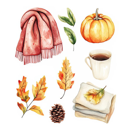 Cozy autumn still life featuring a scarf, pumpkin, coffee cup, and colorful leaves in warm tonesの素材