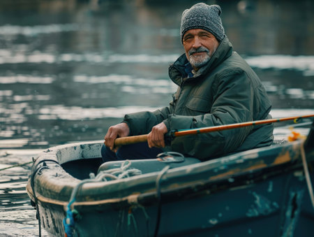 Elderly fisherman enjoying a quiet day of fishing on calm waters in a small boat during early morning lightの素材