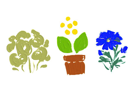 Colorful flower paintings with simple designs showcasing a green plant, a potted flower, and a blue blossom on a white backgroundの写真素材