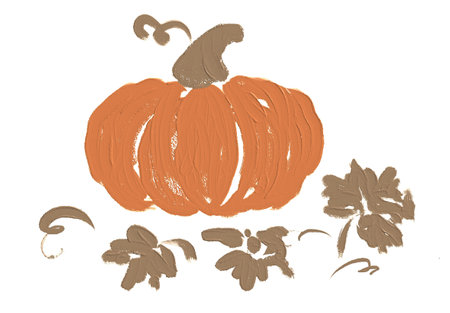A vibrant, hand-painted pumpkin surrounded by leaves and swirls, perfect for autumn decoration and seasonal celebrationsの写真素材