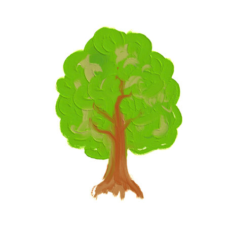 A vibrant green tree with a thick trunk stands proudly, showcasing its lush foliage in a simple artistic representationの写真素材