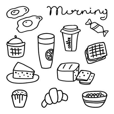 A cheerful morning illustration featuring breakfast items like coffee, toast, and pastries with a playful style and simple linesのイラスト素材