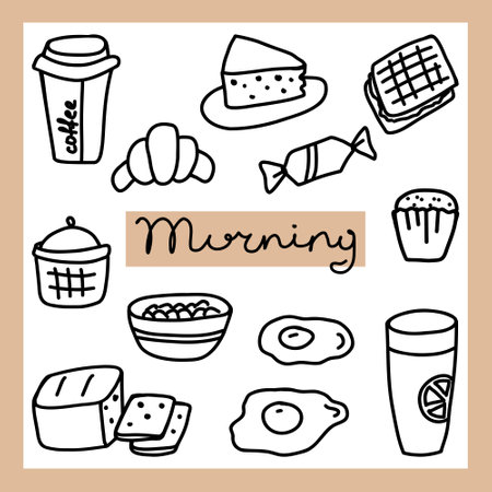 A delightful breakfast spread featuring coffee, pastries, and eggs in a cheerful morning layout with playful illustrationsのイラスト素材