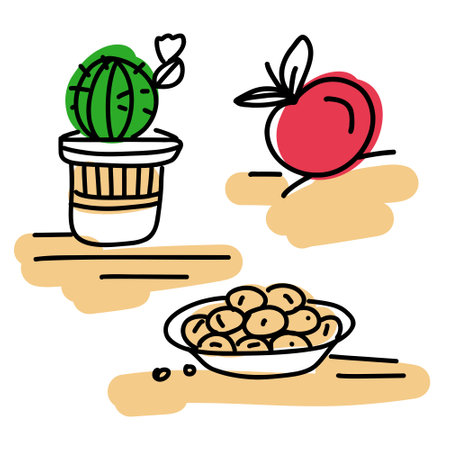 A vibrant sketch depicting a cactus in a pot, a fresh apple, and a bowl of olives on a simple backgroundのイラスト素材