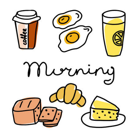 Morning breakfast collection featuring coffee, orange juice, eggs, croissants, toast, and cake in a playful illustration styleのイラスト素材