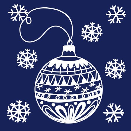 Elegant white Christmas ornament design with snowflakes on a deep blue background during the festive seasonのイラスト素材